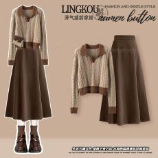 批发大码早秋<b class='q'>休闲</b><b class='q'>套装</b>女美式减龄显瘦百搭毛衣配高腰绝美半身裙两件套