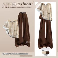 批发港式美拉德风<b class='q'>套装</b>女冬季宽松翻领针织衫高腰显瘦<b class='q'>休闲</b>裤气质一整套