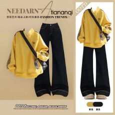 批发元气运动<b class='q'>街头</b>风卫衣套装女冬季高级感显瘦宽松黄色搭配黑色两件套