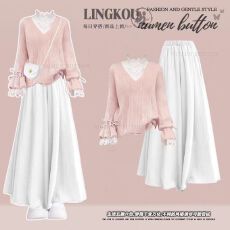 批发温柔慵懒风粉色针织衫上衣宽松阔腿裤搭配两件套冬季显瘦气质穿搭