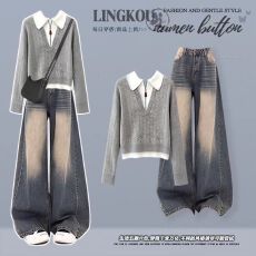 批发<b class='q'>大码</b>秋冬气质套装女减龄假两件拼接针织衫搭显瘦阔腿牛仔裤两件套