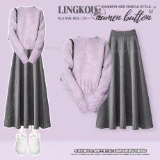 批发<b class='q'>大码</b>秋冬温柔风套装女软糯减龄慵懒风针织毛衣搭显瘦半身裙两件套