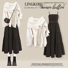 批发<b class='q'>大码</b>秋冬气质套装女减龄设计感针织毛衣搭配收腰吊带连衣裙两件套