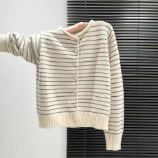 批发韩系<b class='q'>条纹</b>针织开衫毛衣外套女秋冬高级感百搭休闲宽松显瘦长袖上衣