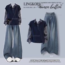 批发<b class='q'>大码</b>秋季韩系套装女气质减龄假两件衬衫搭配复古显瘦牛仔裤两件套