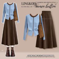 批发<b class='q'>大码</b>秋冬气质套装女韩系减龄针织开衫搭高腰复古显瘦半身裙两件套