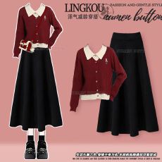 批发<b class='q'>大码</b>秋季温柔风套装女减龄假两件针织开衫搭高腰显瘦半身裙两件套