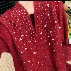 批发气质显白钉珠V领针织毛衣女秋百搭<b class='q'>宽松</b>显瘦烫钻轻奢<b class='q'>大码</b>胖mm上衣