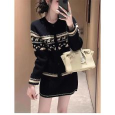 批发圣诞甜美风黑色费尔岛针织开衫半身裙两件套女秋冬小个子减龄套装