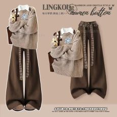 批发大码秋冬美拉德套装女复古减龄印花针织毛衣衬衫显瘦<b class='q'>牛仔裤</b>三件套