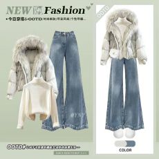 批发高级感毛领棉服外套叠穿微喇牛仔裤套装秋冬季<b class='q'>时尚</b>保暖三件套穿搭