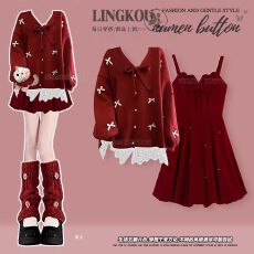 批发大码秋冬甜美风套装女红色圣诞针织开衫搭超好看<b class='q'>吊带</b>连衣裙两件套