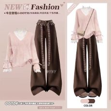 批发纯欲甜美粉色蕾丝针织衫假两件冬季<b class='q'>格子</b>牛仔<b class='q'>裤</b>阔腿宽松高腰两件套