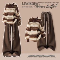 批发美拉德风<b class='q'>条纹</b>毛衣宽松咖色蕾丝格子花边阔腿<b class='q'>裤</b><b class='q'>女冬</b>季休闲两件套装