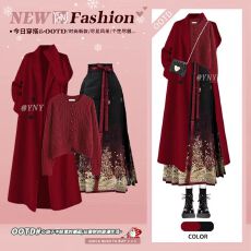 批发新中式风跨年圣诞红色长款外套女秋冬毛衣新款国风汉服马面裙套装