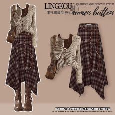 大码秋季美拉德套装女复古减龄镂空罩衫吊带高腰格子半身裙三件套