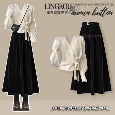 批发<b class='q'>大码</b>秋季气质套装女法式温柔风针织毛衣搭美拉德A字半身裙两件套