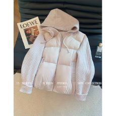 批发粉色针织拼接连帽<b class='q'>羽绒服</b><b class='q'>女</b>冬季2025新款休闲显瘦洋气保暖棉服外套