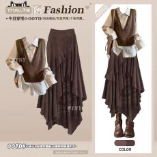 批发美拉德咖色系一整套穿搭女<b class='q'>轻熟</b>风马甲衬衫不规则拼接半身裙两件套