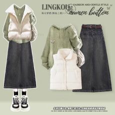 批发<b class='q'>大码</b>冬季高级感套装女棉服马甲小清新针织卫衣搭牛仔半身裙三件套