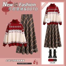 批发高领红色毛衣<b class='q'>女</b>秋冬2025新款内搭打底针织高腰显瘦格纹伞裙<b class='q'>半身裙</b>