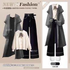 批发冬季套装女装新款温柔风针织大<b class='q'>衣外套</b>毛衣显瘦百搭牛仔裤三件套装