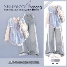 批发秋季学院风套装女韩系减龄针织马甲叠穿<b class='q'>衬衫</b>复古显瘦<b class='q'>牛仔</b>裤三件套