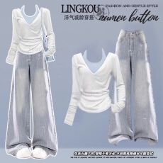 批发大码早秋<b class='q'>气质</b>套<b class='q'>装</b>女收腰显瘦纯欲上衣吊带搭高腰复古牛仔<b class='q'>裤</b>三件套