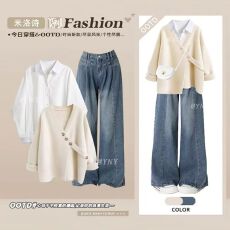 批发韩系温柔穿搭女2025新款洋气宽松针织毛衣<b class='q'>衬衫</b>显瘦<b class='q'>牛仔</b>裤三件套装