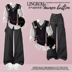 批发<b class='q'>大码</b>秋季洋气套装女学院风针织马甲减龄复古工装裤打底衬衫三件套