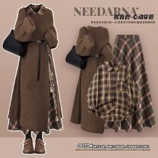 批发秋冬套装女2025新款美拉德针织毛衣内搭格子衬衫显瘦半身裙三件套