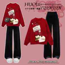 批发秋冬2025<b class='q'>新款</b>减龄穿搭宽松慵懒风圆领针织衫<b class='q'>毛衣</b>女配阔腿裤两件套