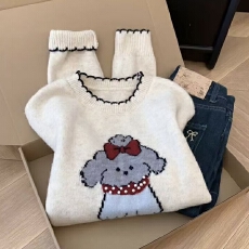 批发慵懒风提花钉珠套头针织衫毛衣女秋冬内搭高级感<b class='q'>宽松</b>显瘦圆领上衣