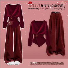 批发辣妹风圣诞风冬纯欲v领收腰设计针织衫搭显瘦减龄阔腿裤气质套装