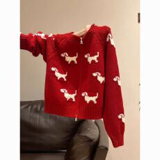 批发法式慵懒风新年红色针织女2026年秋冬小狗卡通双拉链宽松气质上衣