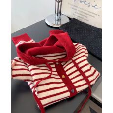 批发慵懒风<b class='q'>条纹</b>红色连帽针织开衫女冬新款韩版时尚软糯毛衣外套