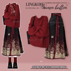 批发大码秋冬高级感套装女圣诞红色针织毛衣搭新中式国风马面裙<b class='q'>两件套</b>