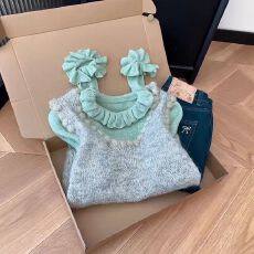 批发2025软糯韩系的花纱灰杏色针织马甲背心绿色毛衣女韩系时尚<b class='q'>两件套</b>