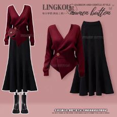 批发冬季气质套装女气质红色轻熟风针织毛衣搭高级感显瘦鱼尾裙<b class='q'>两件套</b>