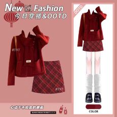 批发新年小个子穿搭套装女冬季2025早春新款红色毛衣配格子短裙<b class='q'>两件套</b>