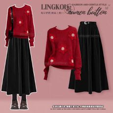 批发秋冬穿搭一整套女2025新款减龄圆领软糯针织毛衣显瘦半身裙<b class='q'>两件套</b>