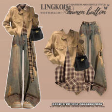 批发大码秋季美式套装女洋气机车夹克外套<b class='q'>格子</b>衬衫搭复古牛仔裤三件套