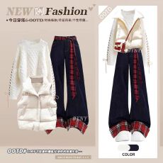 冬季新款复古套头毛衣针织抽绳马甲背心上衣红格拼接牛仔裤三件套