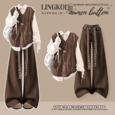 批发<b class='q'>大码</b>秋冬减龄套装女复古针织马甲打底衫搭显瘦美拉德牛仔裤三件套