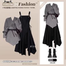 批发法式轻熟风一整套穿搭女秋冬季收腰灰色V领外套不规则甜酷<b class='q'>连衣裙</b>