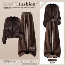 批发美拉德咖色毛领外套打底上衣<b class='q'>拼接</b>阔腿裤套装冬季宽松休闲时尚套装