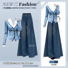 批发法式<b class='q'>职业</b>通勤风套装女冬季收腰撞色短款针织毛衣高腰阔腿牛仔裤冬