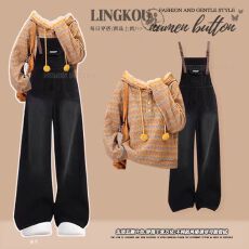 批发大码秋冬学院风套装女轻奢减龄条纹针织卫衣复古<b class='q'>牛仔</b><b class='q'>背带裤</b>两件套