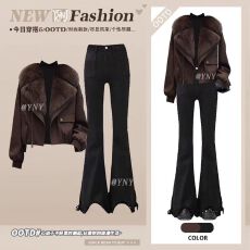 批发复古毛领外套黑色打底上衣微喇<b class='q'>牛仔</b>裤女冬季两件套小个子气质套装