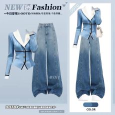 批发大方得体设计感一整套女装秋冬季撞色V领针织衫<b class='q'>镶钻</b>阔腿<b class='q'>牛仔裤</b>冬